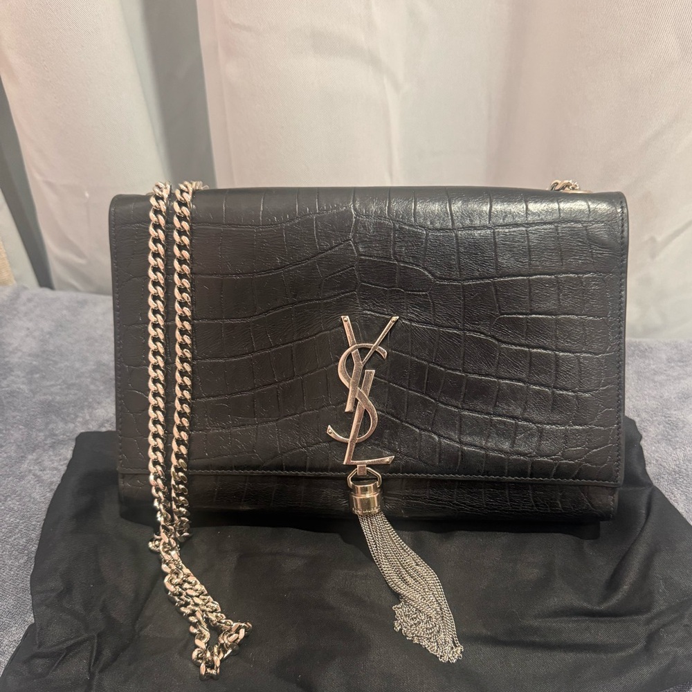Saint Laurent Black Croc Embossed Leather Medium Kate Tassel Shoulder Bag